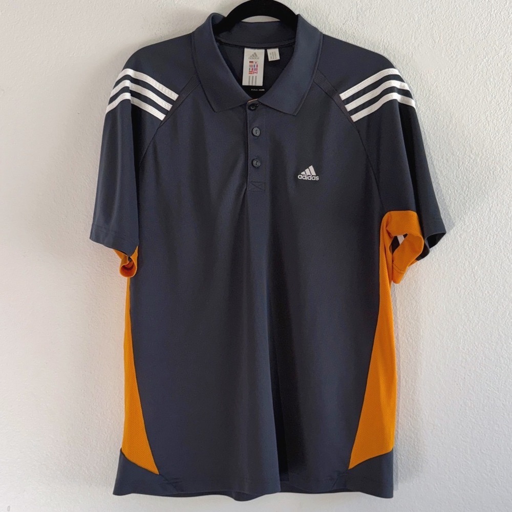 Vintage Adidas Mens 2XL Gray Orange 3-Stripe Polo Shirt Athletic Golf Tennis